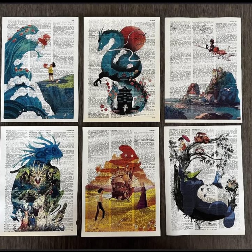 Studio Ghibli Themed Dictionary Art Prints Ponyo Totoro Kiki’s Howls Set of 6